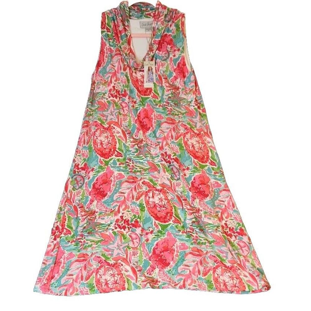 Charlie Paige Tropical‎ Dress Size S Knit Cowl Neck Sleeveless Turtles Pink NWT